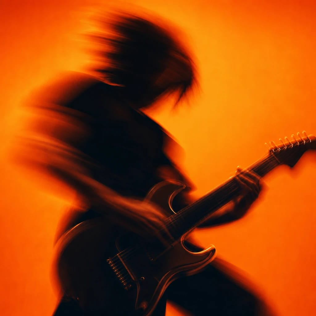 Stylized scene featuring silhouette of a dynamic figure on stage with an electric guitar, dramatic pose, rendered in deep blue, off-white