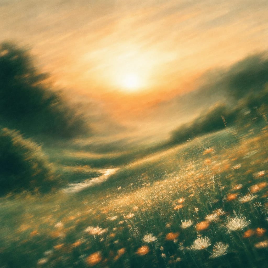 Stylized scene featuring sunrise meadows dotted with wildflowers in warm morning light, dew sparkling on the grass, rendered in deep forest green, off-white, and warm orange