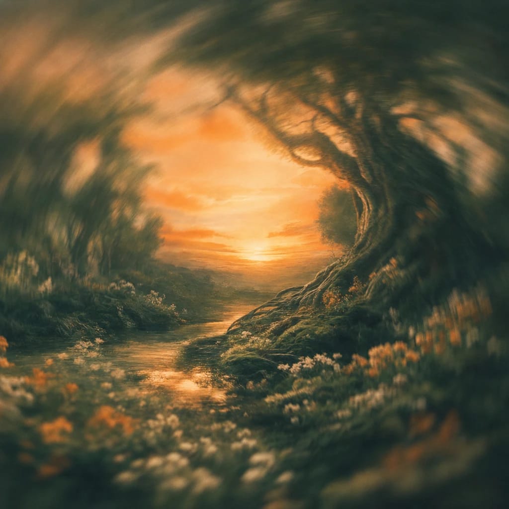 Stylized scene featuring gnarled, towering tree with twisted roots lit by a warm orange sunset in a dense, shadowy forest, rendered in deep forest green, off-white, and warm orange