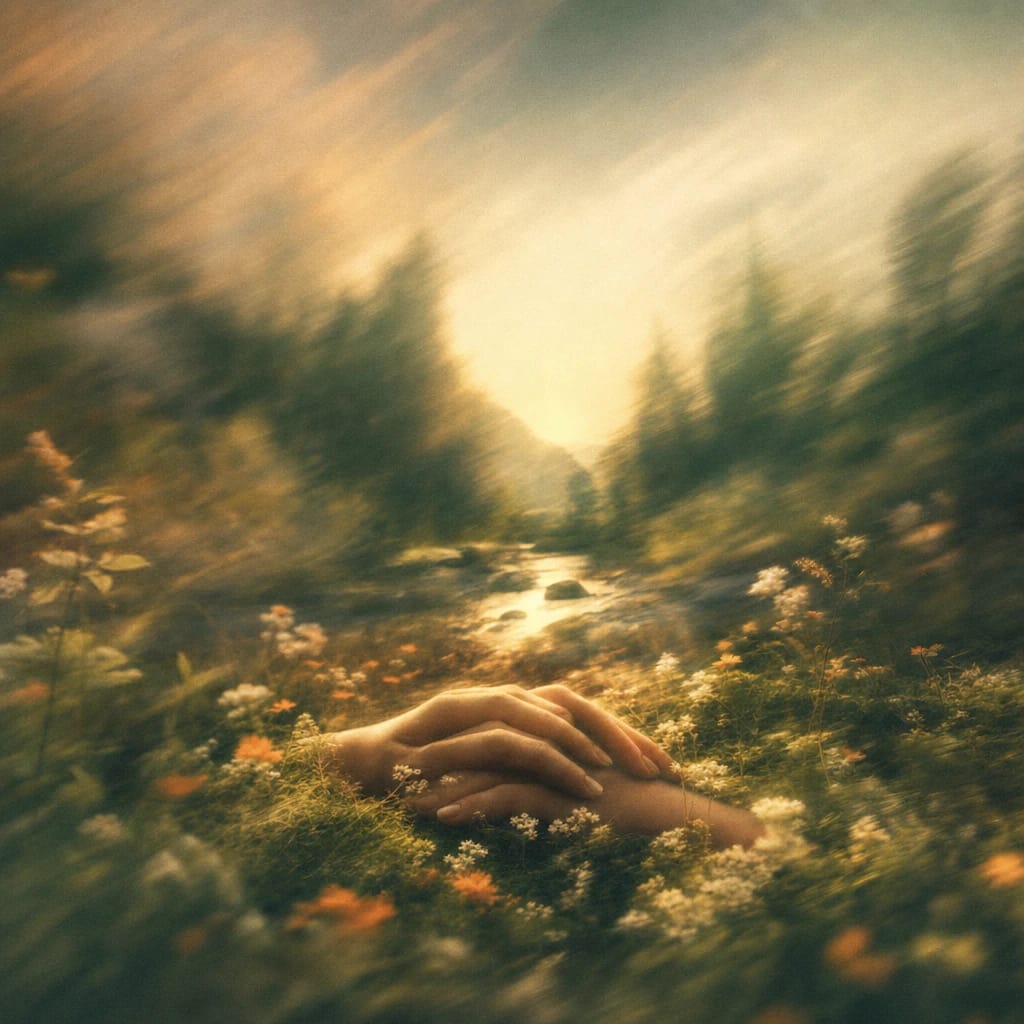 Stylized scene featuring two clasped hands resting atop mossy forest ground, surrounded by scattered wildflowers and dappled sunlight, rendered in deep forest green, off-white, and warm orange