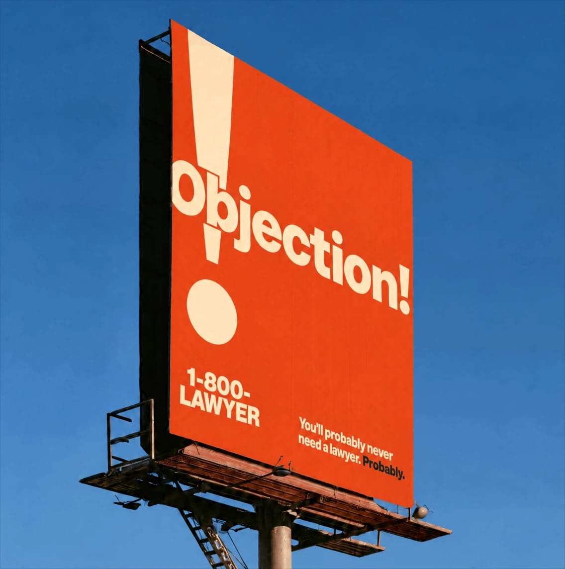 Billboard advertising legal services with “Objection!” and the number 1-800-LAWYER.