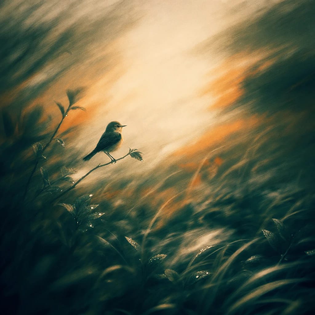 Stylized scene featuring a small songbird perched anxiously on a slender branch, surrounded by dense, shadowed undergrowth with scattered dew-laden leaves, rendered in deep forest green, off-white, and warm orange