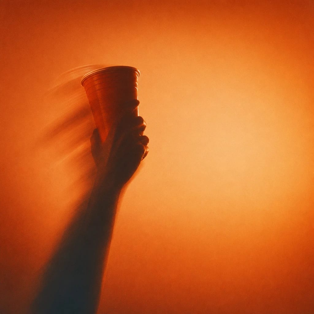 Stylized scene featuring raised arm with hand clutching a red solo cup, cropped at shoulder height, rendered in burnt orange #C94A18