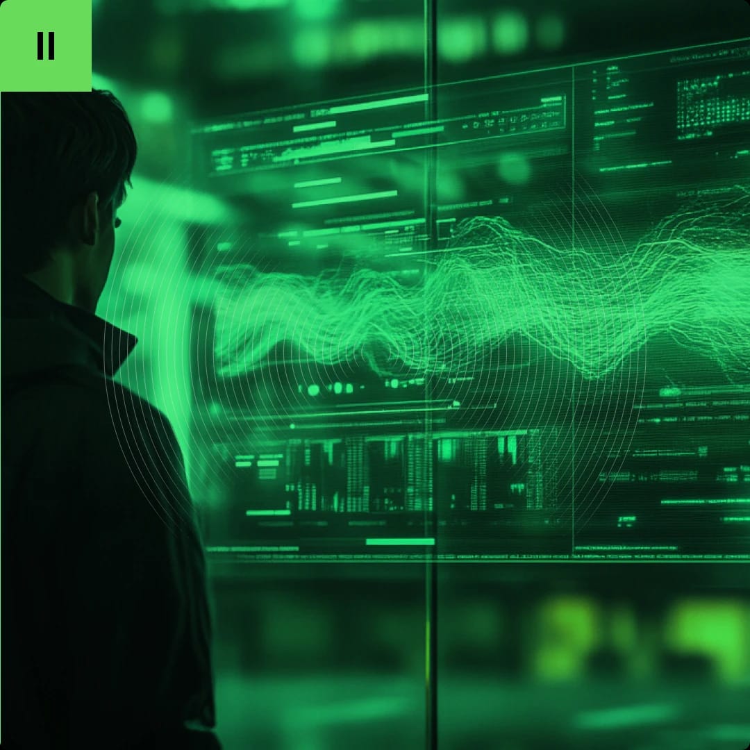 A person looking at a large digital screen displaying green data, graphs, and waveforms.