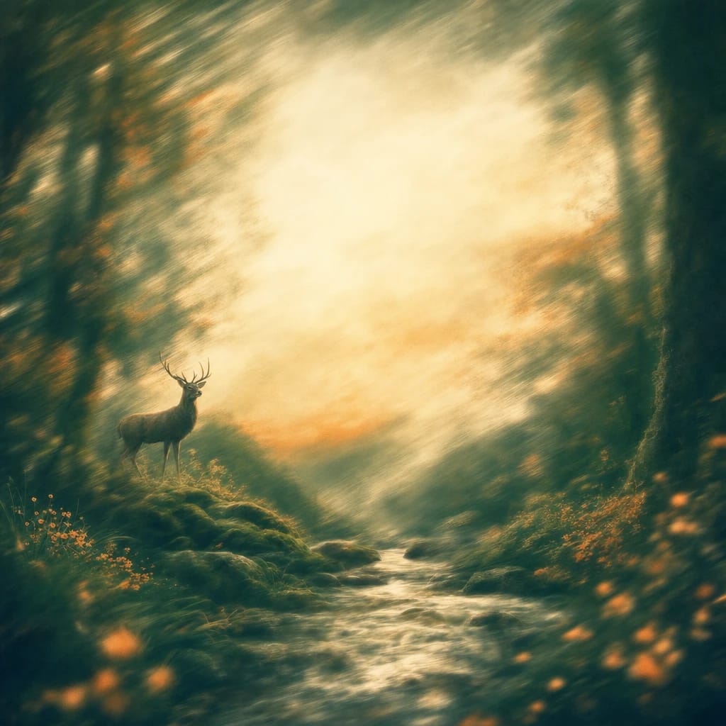 Stylized scene featuring a stately deer standing beside a mossy stream under tall, dignified trees, rendered in deep forest green, off-white, and warm orange