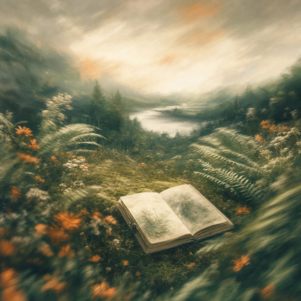 Stylized scene featuring a well-worn sketchbook open on mossy forest floor, ringed by fern fronds and scattered wildflowers, rendered in deep forest green, off-white, and warm orange