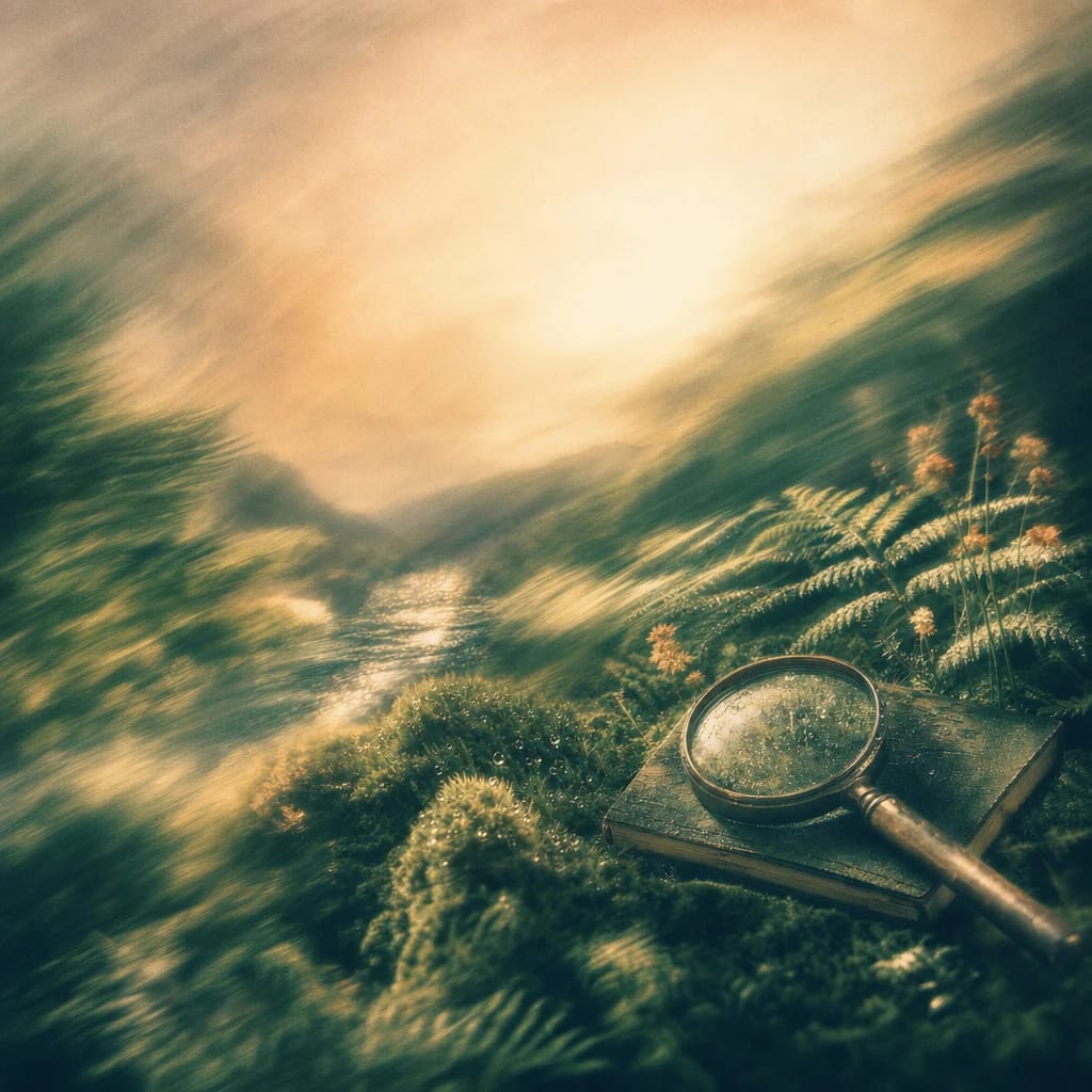 Stylized scene featuring a classic detective's magnifying glass and notebook resting among dew-covered moss and ferns in morning light, rendered in deep forest green, off-white, and warm orange