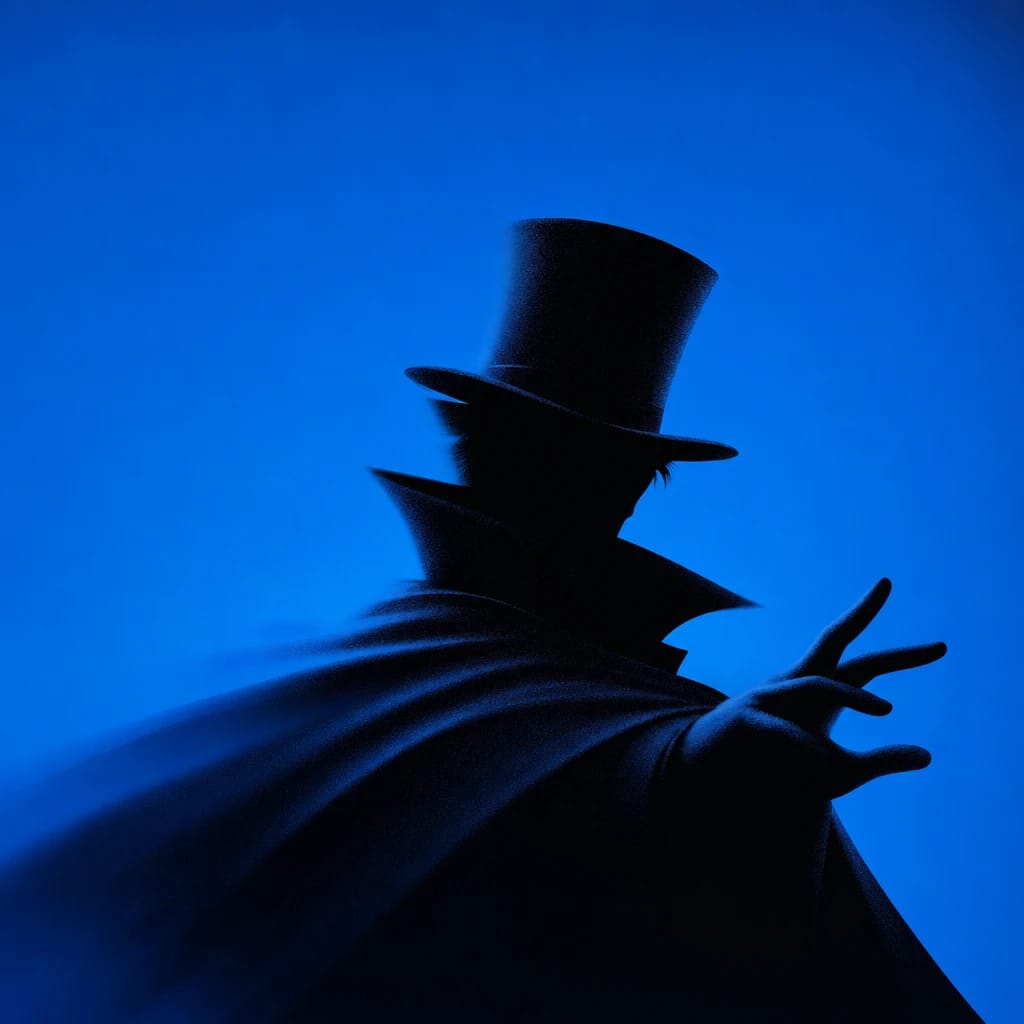 Stylized scene featuring magician in flowing cape with top hat casting a spell, rendered in #004CB6