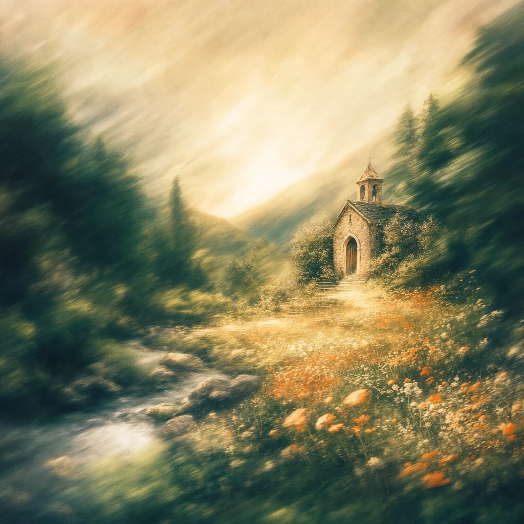 Stylized scene featuring a secluded stone chapel partly veiled by dense forest, sunlit clearing with wildflowers at the entrance, rendered in deep forest green, off-white, and warm orange