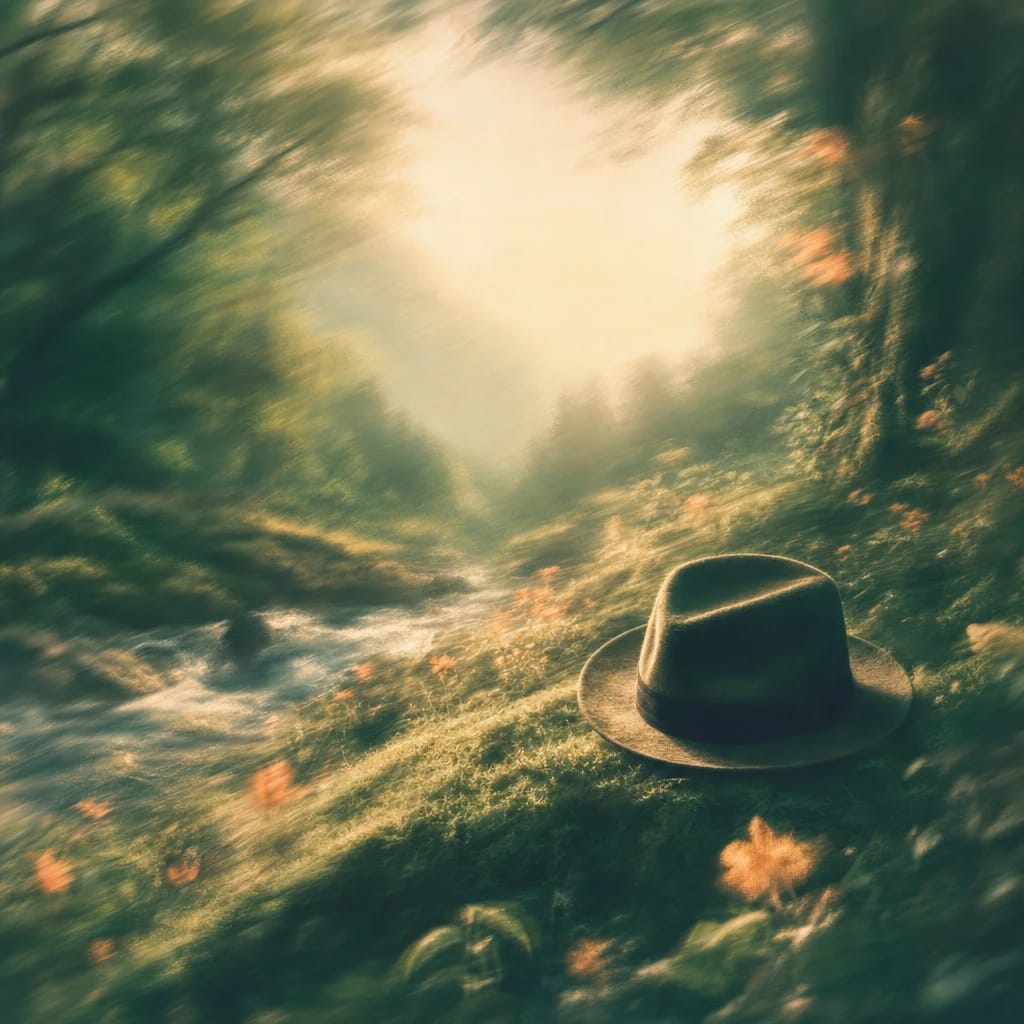 Stylized scene featuring an old-fashioned fedora hat resting atop lush mossy ground with dappled light filtering through dense forest foliage, rendered in deep forest green, off-white, and warm orange