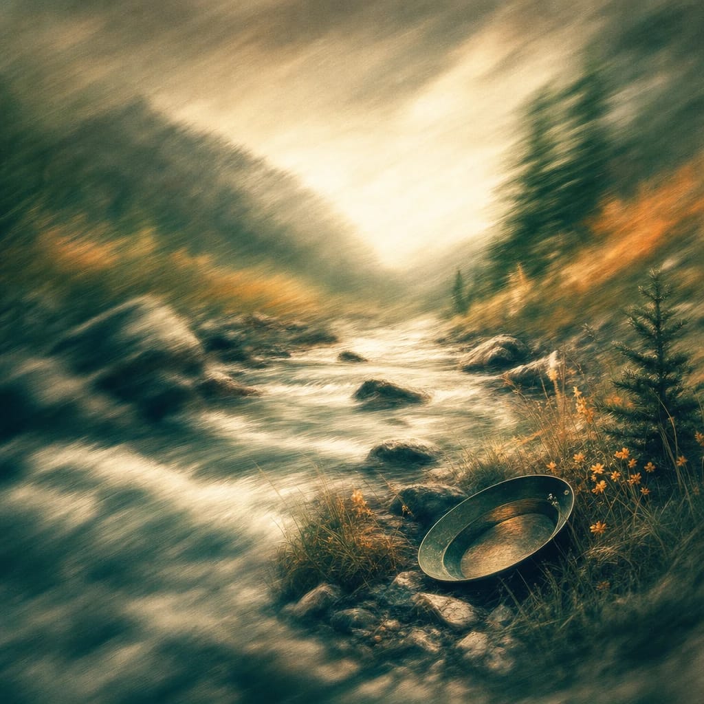 Stylized scene featuring a rugged mountain stream with boulders and a gold pan resting on the riverbank, wild grasses and pine saplings nearby, rendered in deep forest green, off-white, and warm orange