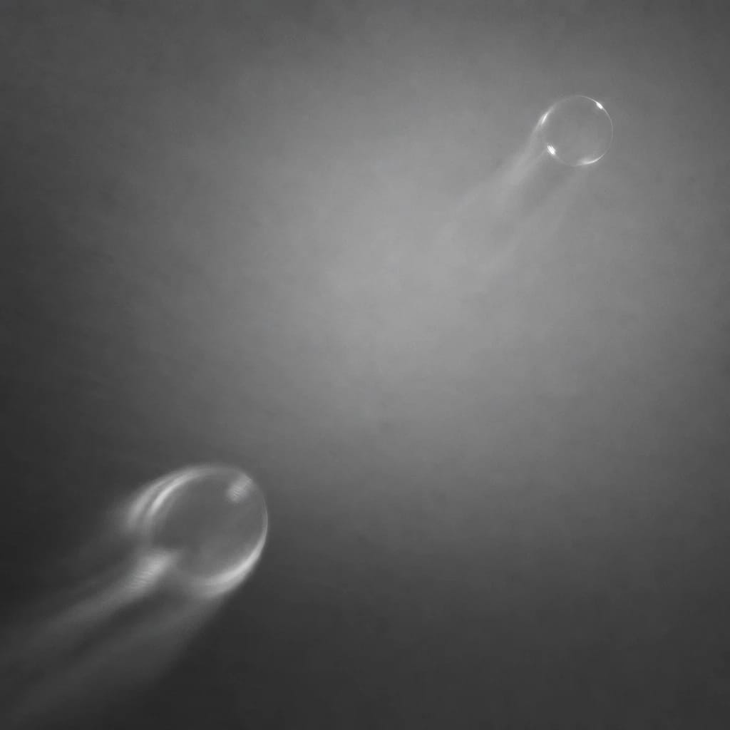 Stylized scene featuring delicate soap bubble drifting upward against negative space, rendered in charcoal gray #41454A