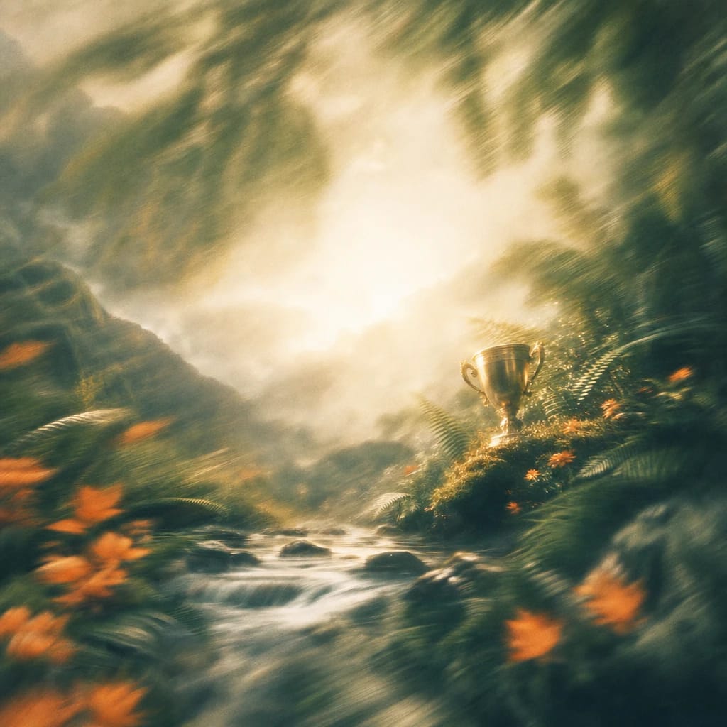 Stylized scene featuring a gleaming trophy nestled amid lush forest ferns, sunlight dappling through the leaves, rendered in deep forest green, off-white, and warm orange