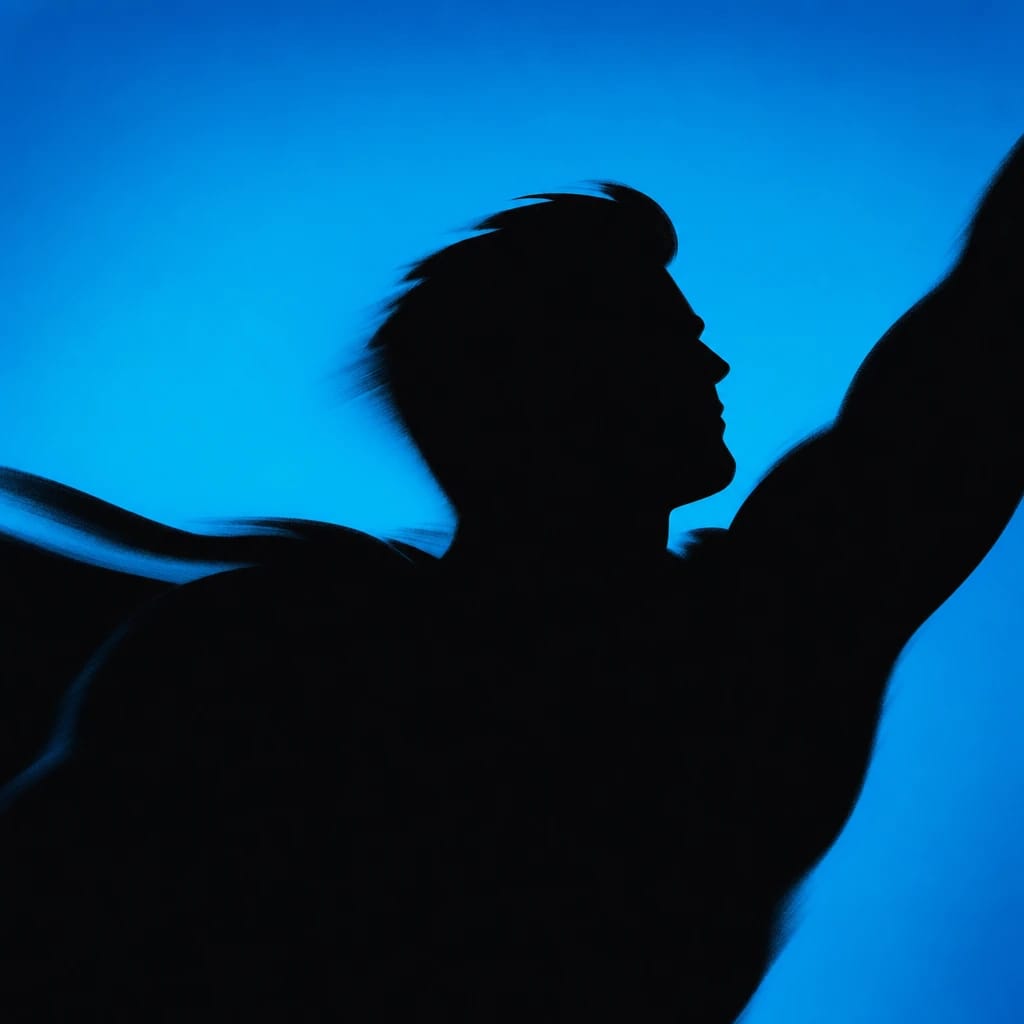 Stylized scene featuring dynamic superhero silhouette in flight, rendered in #004CB6