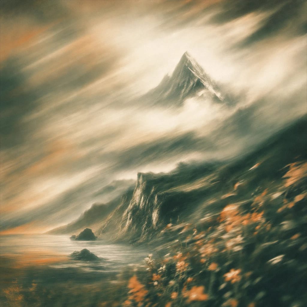 Stylized scene featuring rugged mountain peak shrouded in swirling clouds above jagged cliff faces, rendered in deep forest green, off-white, and warm orange