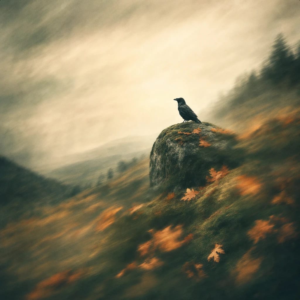 Stylized scene featuring a single crow perched atop a mossy forest boulder, fallen oak leaves scattered around, rendered in deep forest green, off-white, and warm orange