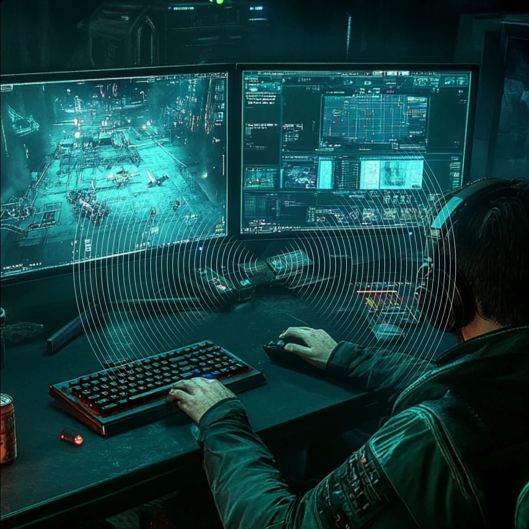 A person working at a desk with two large monitors displaying cybersecurity or hacking interfaces, wearing headphones.