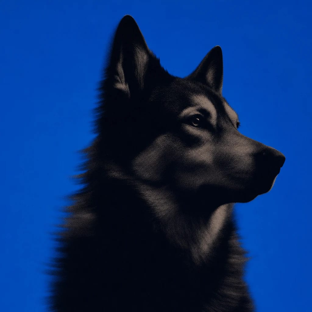 Stylized scene featuring husky dog with alert expression, subtle motion blur in fur, rendered in #004CB6