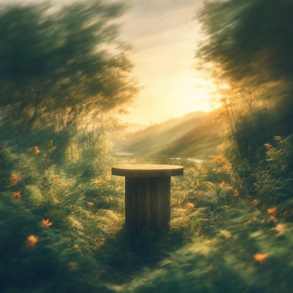 Stylized scene featuring a rustic wooden podium set in a sunlit clearing surrounded by lush ferns and dappled forest light, rendered in deep forest green, off-white, and warm orange