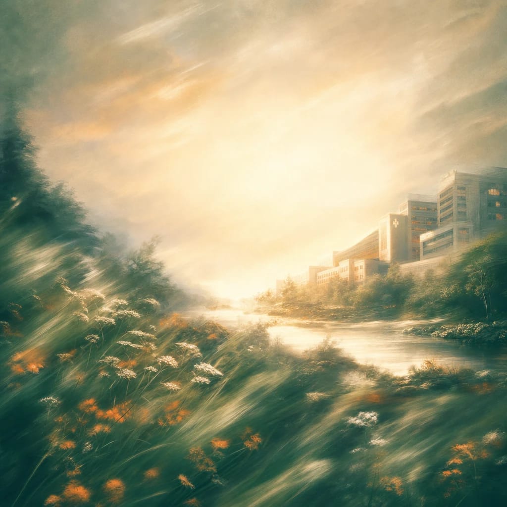 Stylized scene featuring a sunlit hospital building nestled beside blooming wildflowers and tall green grasses under a wide morning sky, rendered in deep forest green, off-white, and warm orange