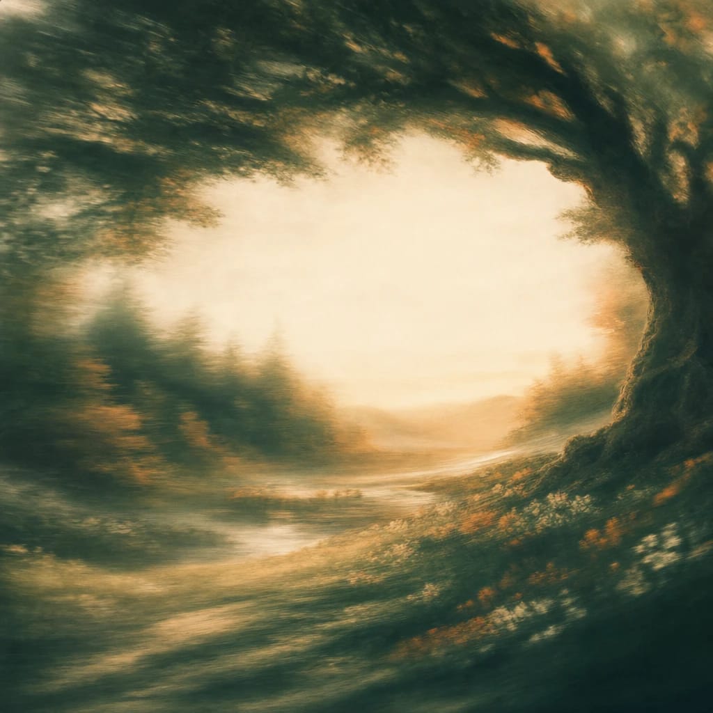 Stylized scene featuring a sturdy ancient oak tree standing vigilant at the edge of a softly sunlit forest clearing, its roots grounded and branches protectively arching overhead, rendered in deep forest green, off-white, and warm orange