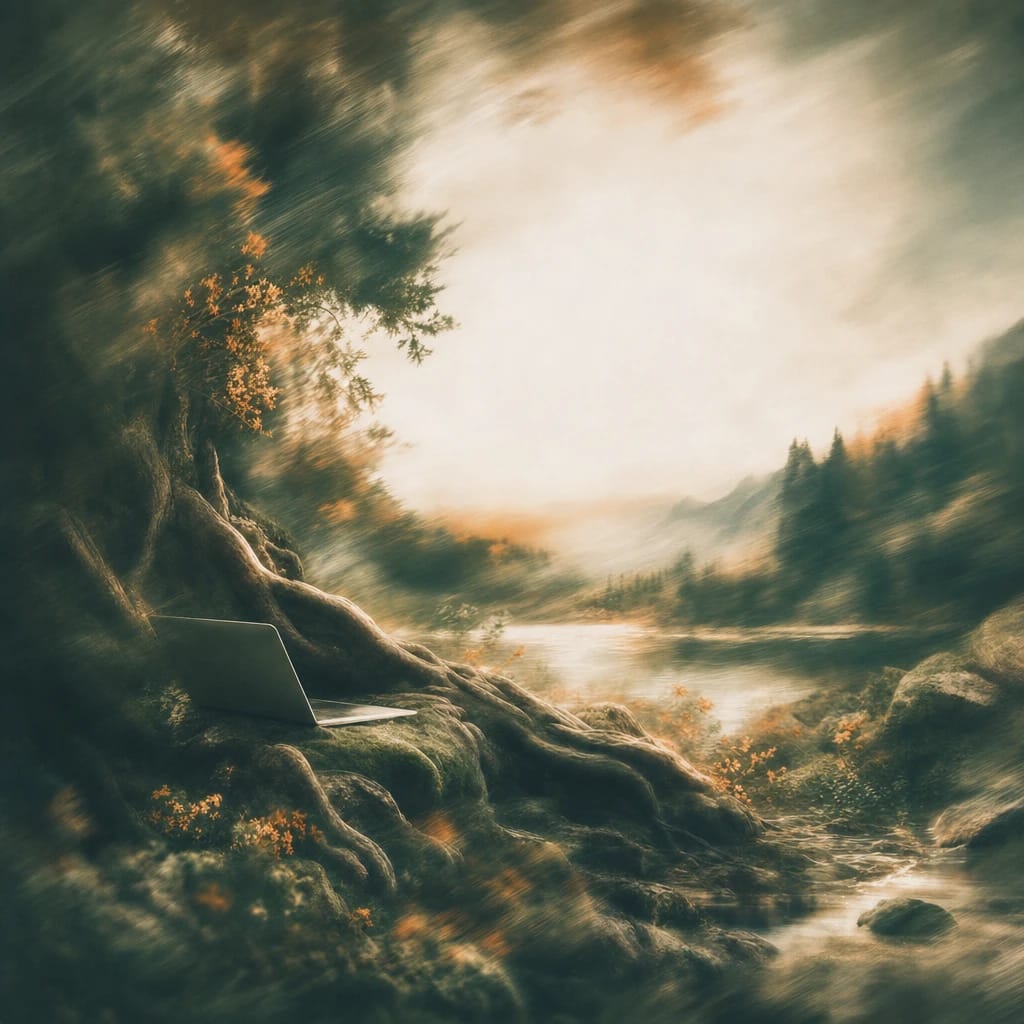 Stylized scene featuring a sleek laptop nestled among tangled woodland roots and mossy stones, rendered in deep forest green, off-white, and warm orange