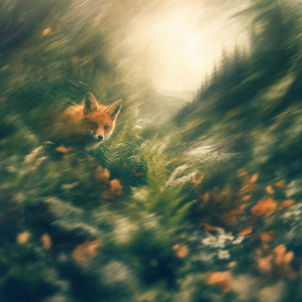 Stylized scene featuring a lively red fox peering curiously through dense ferns and fallen leaves in a sun-dappled forest glade, rendered in deep forest green, off-white, and warm orange