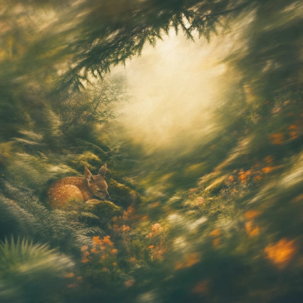 Stylized scene featuring a drowsy deer nestled among soft moss and ferns beneath overhanging forest branches, gentle morning light filtering down, rendered in deep forest green, off-white, and warm orange