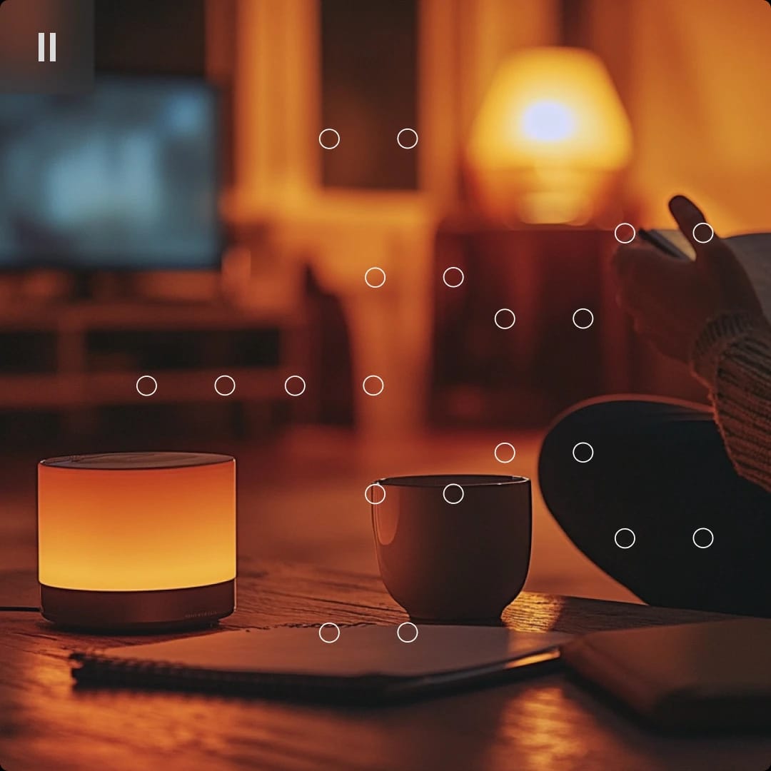 A cozy scene with a glowing candle, a cup, and a person using a smartphone on a wooden table in a warmly lit room.