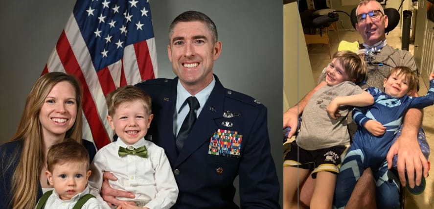 Lt Col Thomas Brittingham with his wife, Jessi, and their two sons in a formal family portrait beside the American flag, and a recent photo of Thomas at home sharing a joyful moment with his boys. Together, the images capture both his years of service and his life today with ALS.