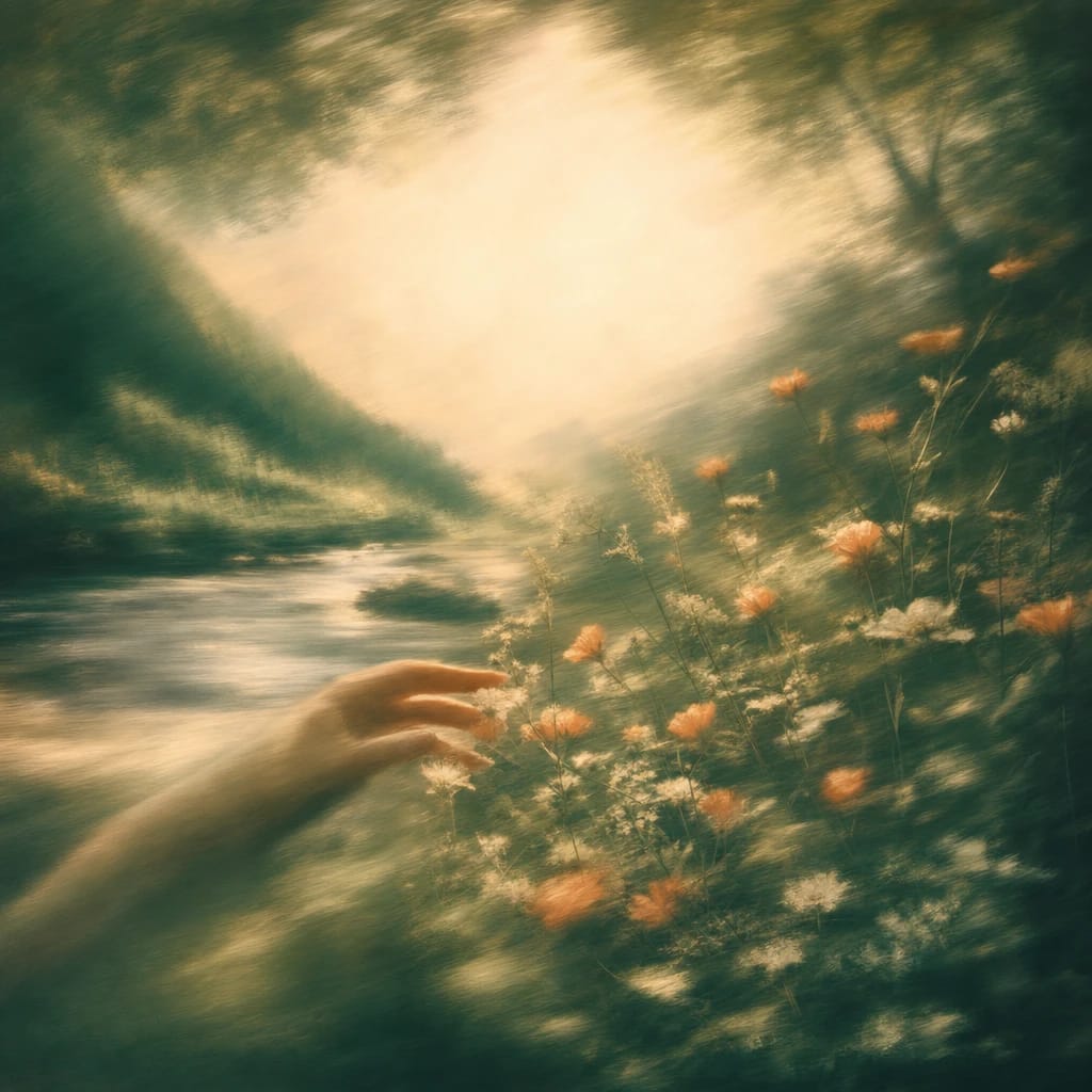 Stylized scene featuring a gentle hand extending towards blooming wildflowers beneath softly dappled woodland light, rendered in deep forest green, off-white, and warm orange