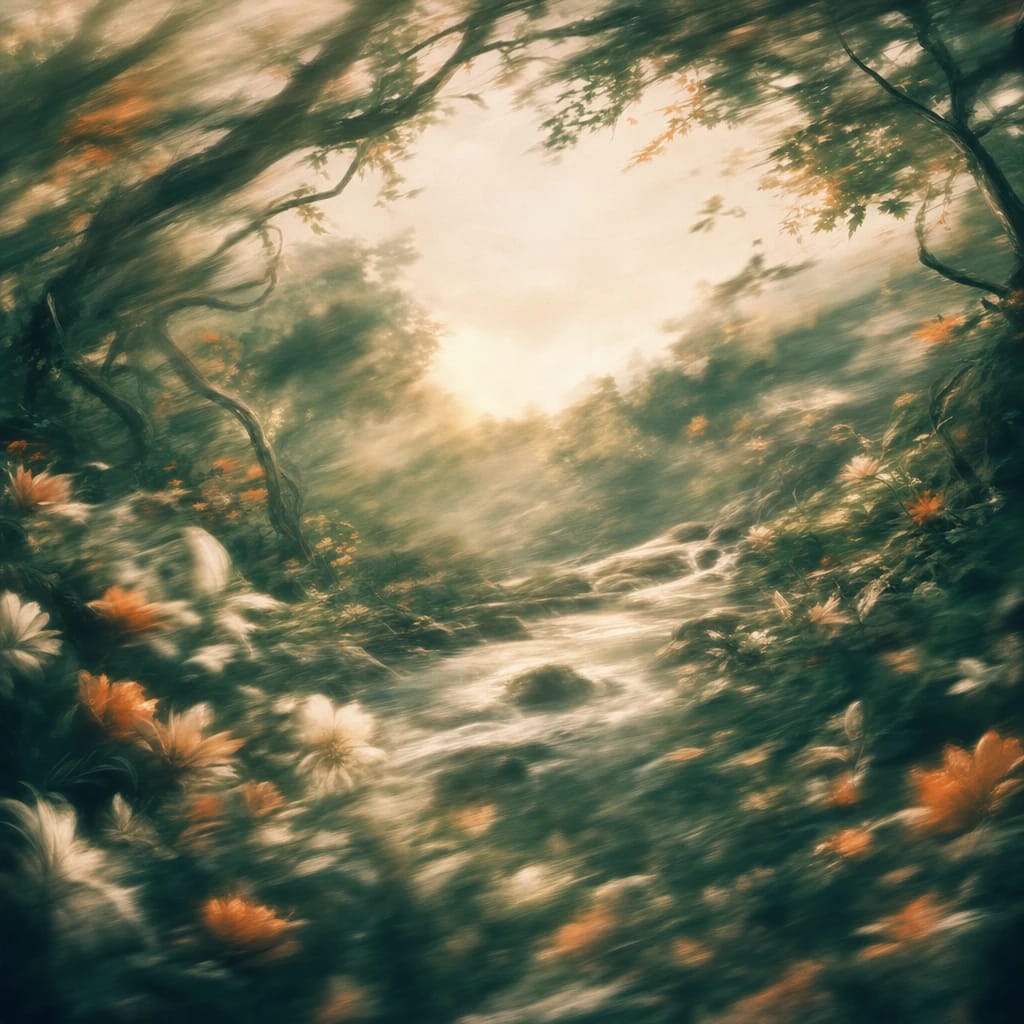 Stylized scene featuring a wild tangle of vines and flowers with twisting tree branches bursting energetically through sun-dappled undergrowth, rendered in deep forest green, off-white, and warm orange