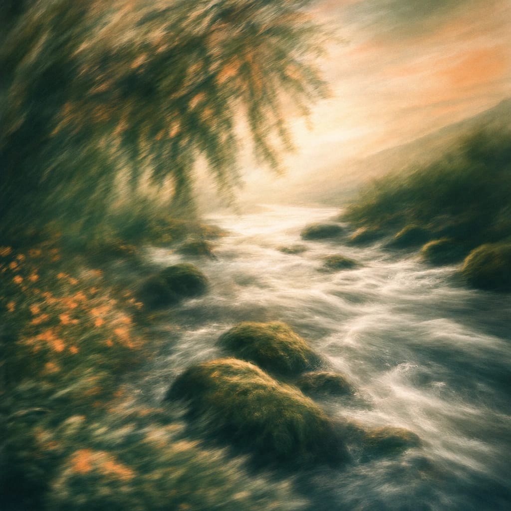 Stylized scene featuring a rushing river with water swiftly flowing around mossy rocks under leaning willow branches, rendered in deep forest green, off-white, and warm orange