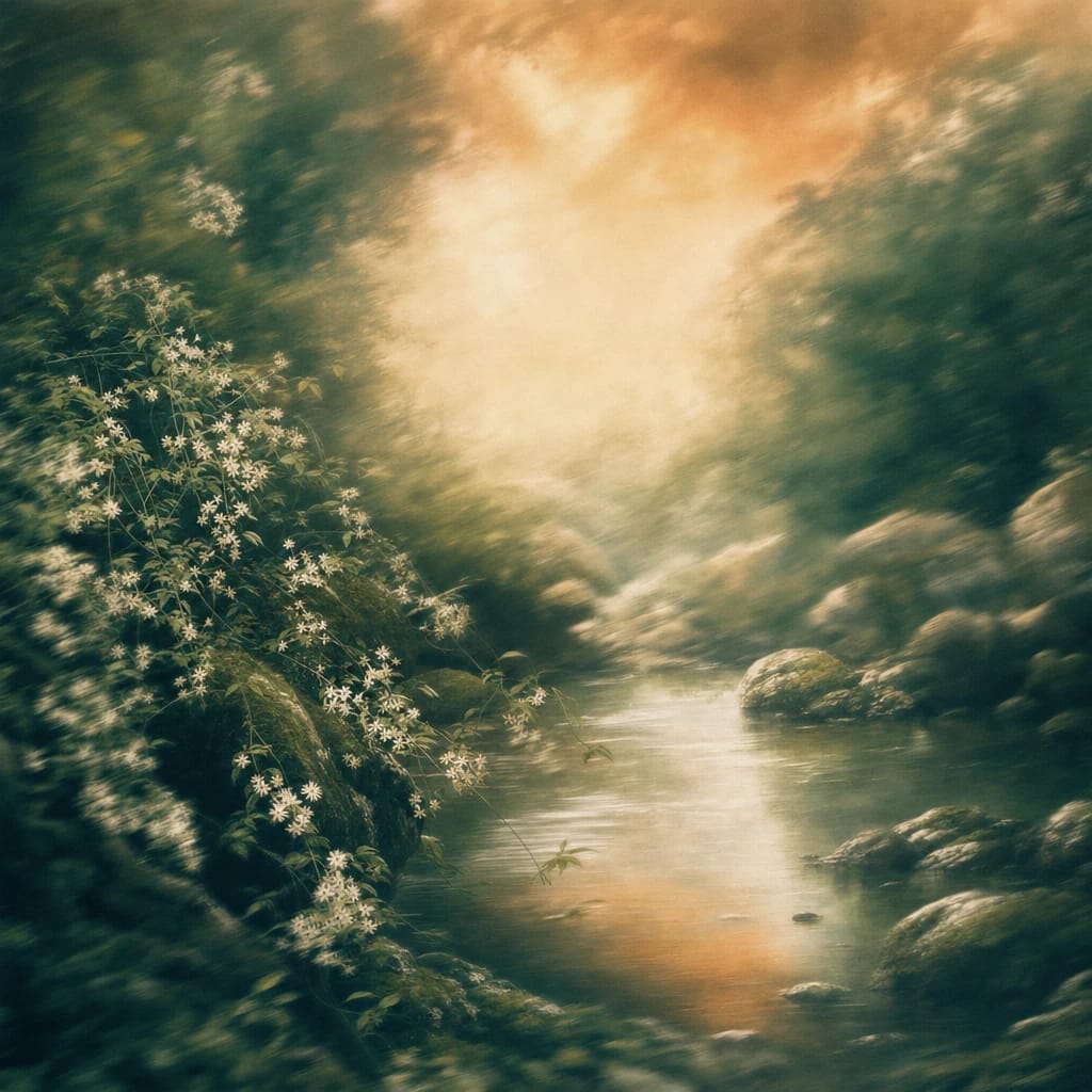 Stylized scene featuring wild jasmine vines cascading over mossy rocks at the edge of a forest pool, rendered in deep forest green, off-white, and warm orange