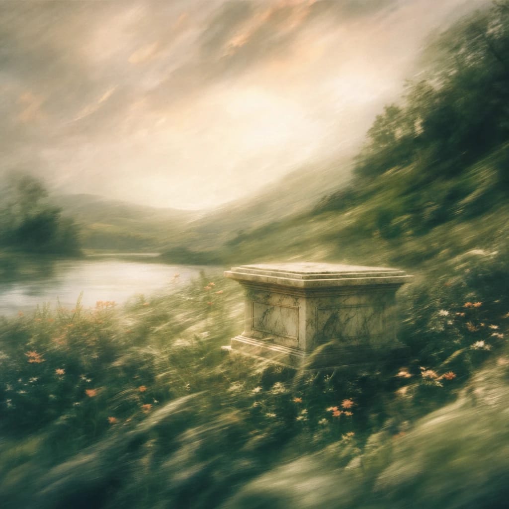 Stylized scene featuring a stately old marble podium on a sun-dappled meadow with tall grasses and scattered wildflowers, rendered in deep forest green, off-white, and warm orange