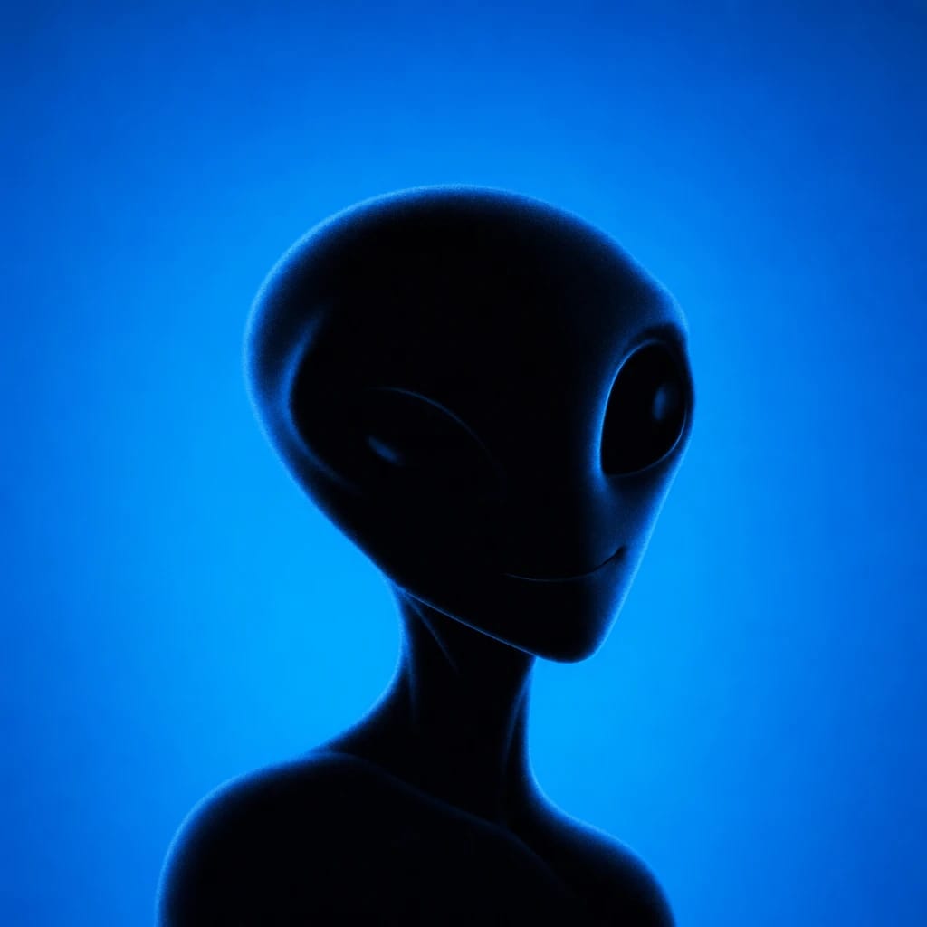 Stylized scene featuring a friendly alien character, softly lit, rendered in #004CB6
