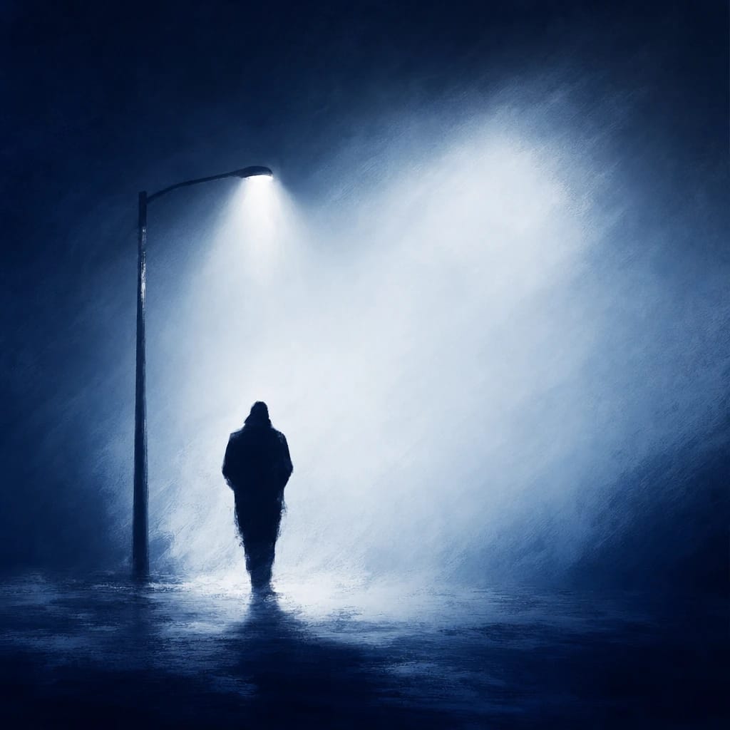 Stylized scene featuring shadowy figure beneath a dim streetlamp, rendered in #DFE8F3 and #020A2F