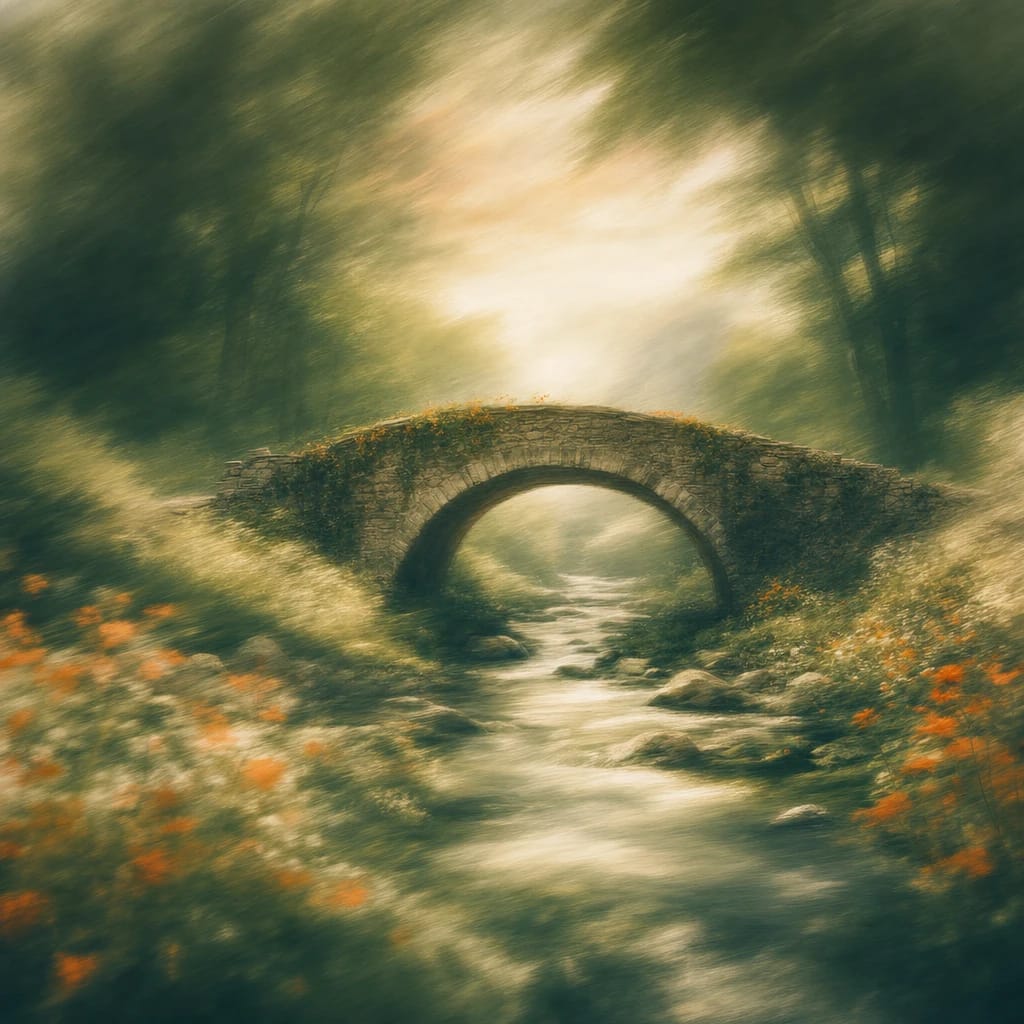 Stylized scene featuring a regal stone bridge arching over a wildflower-edged brook beneath leafy forest canopies, rendered in deep forest green, off-white, and warm orange