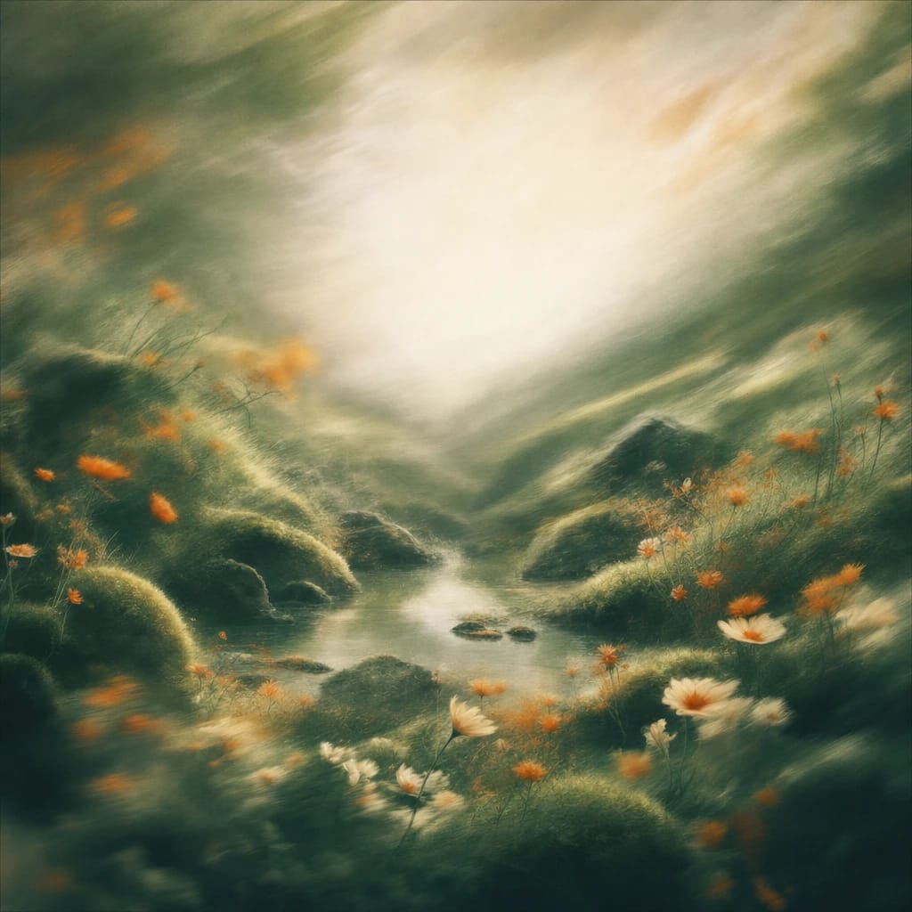 Stylized scene featuring a moss-covered boulder garden dotted with quirky, asymmetrical wildflowers in unusual colors, rendered in deep forest green, off-white, and warm orange