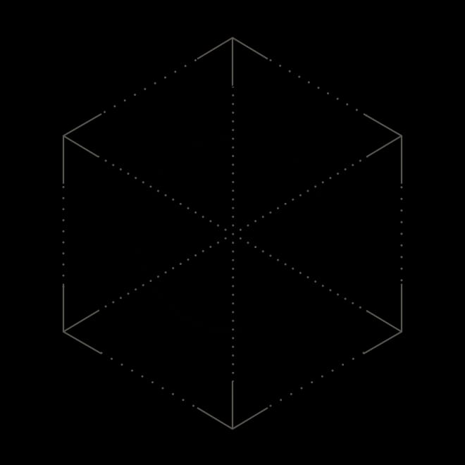 Black circle centered within a hexagon, divided by dotted lines into six segments.