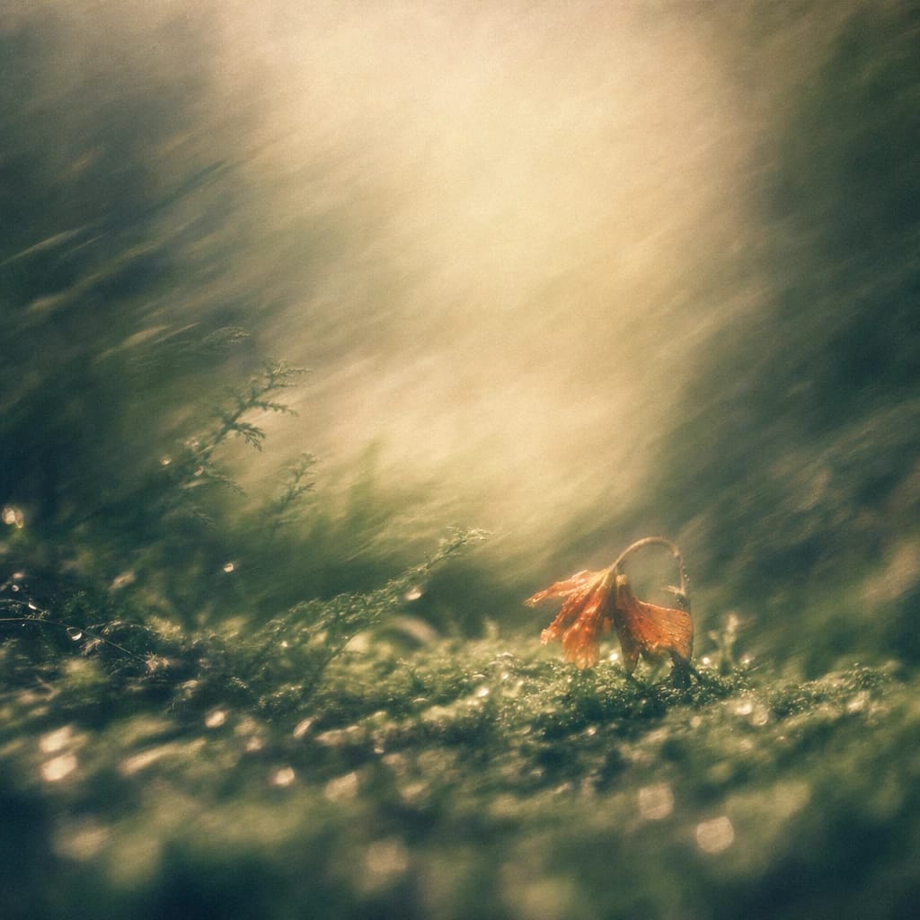 Stylized scene featuring dew-laden forest floor with a single wilted orange blossom among moss and ferns, rendered in deep forest green, off-white, and warm orange