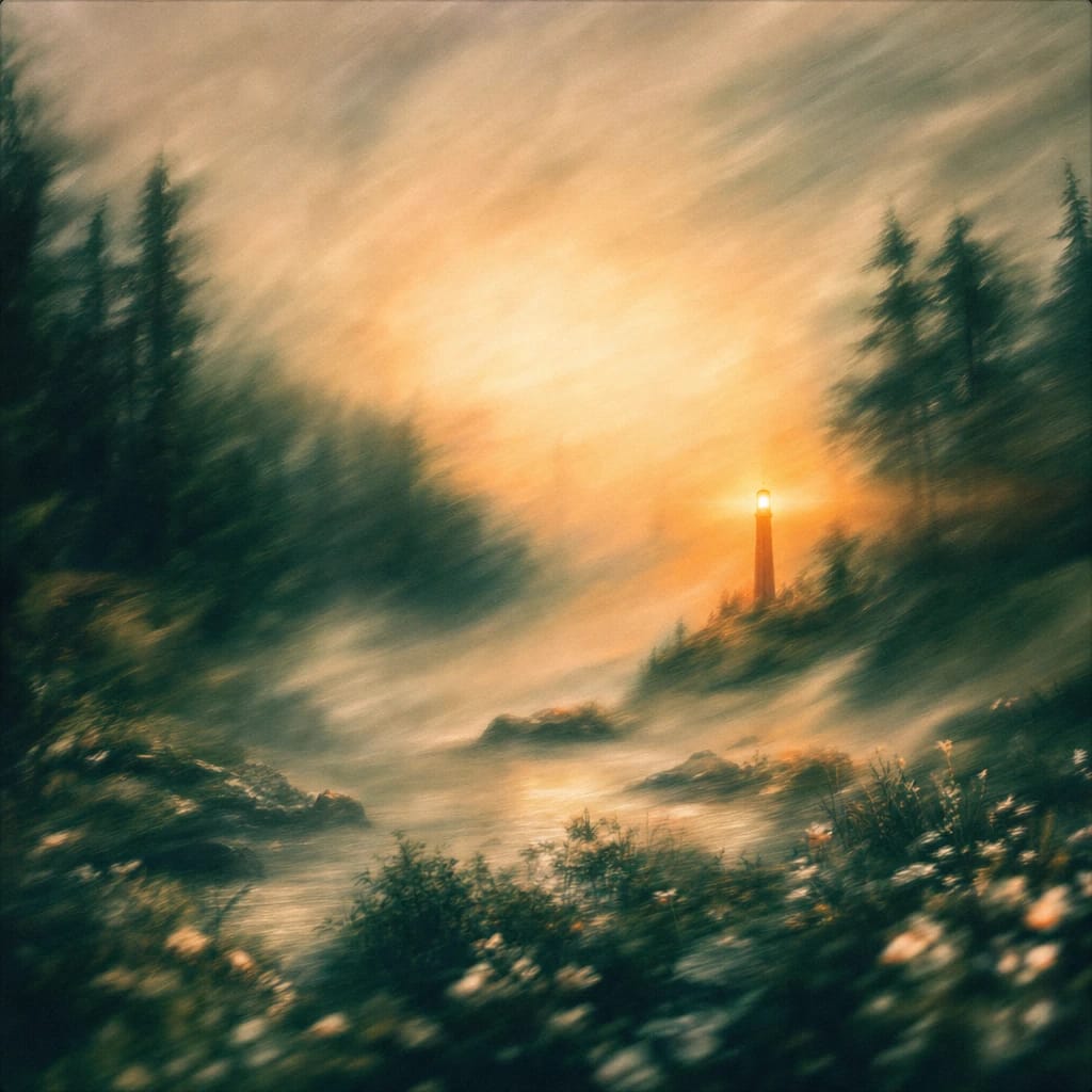 Stylized scene featuring a forest clearing at dawn with a bright orange warning beacon shining through misty trees, rendered in deep forest green, off-white, and warm orange