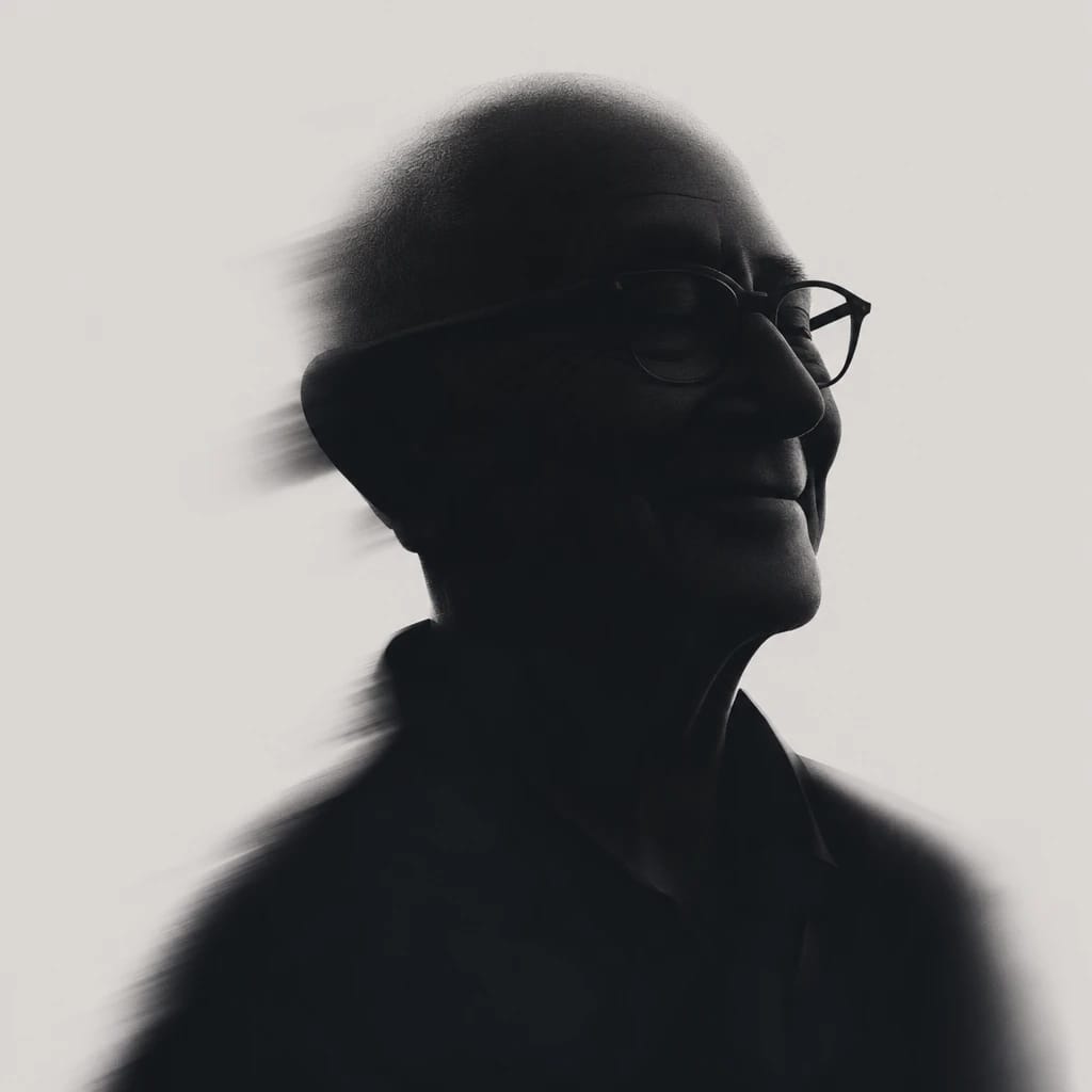 Stylized scene featuring elderly man with glasses and a gentle smile, rendered in #D7D5D5