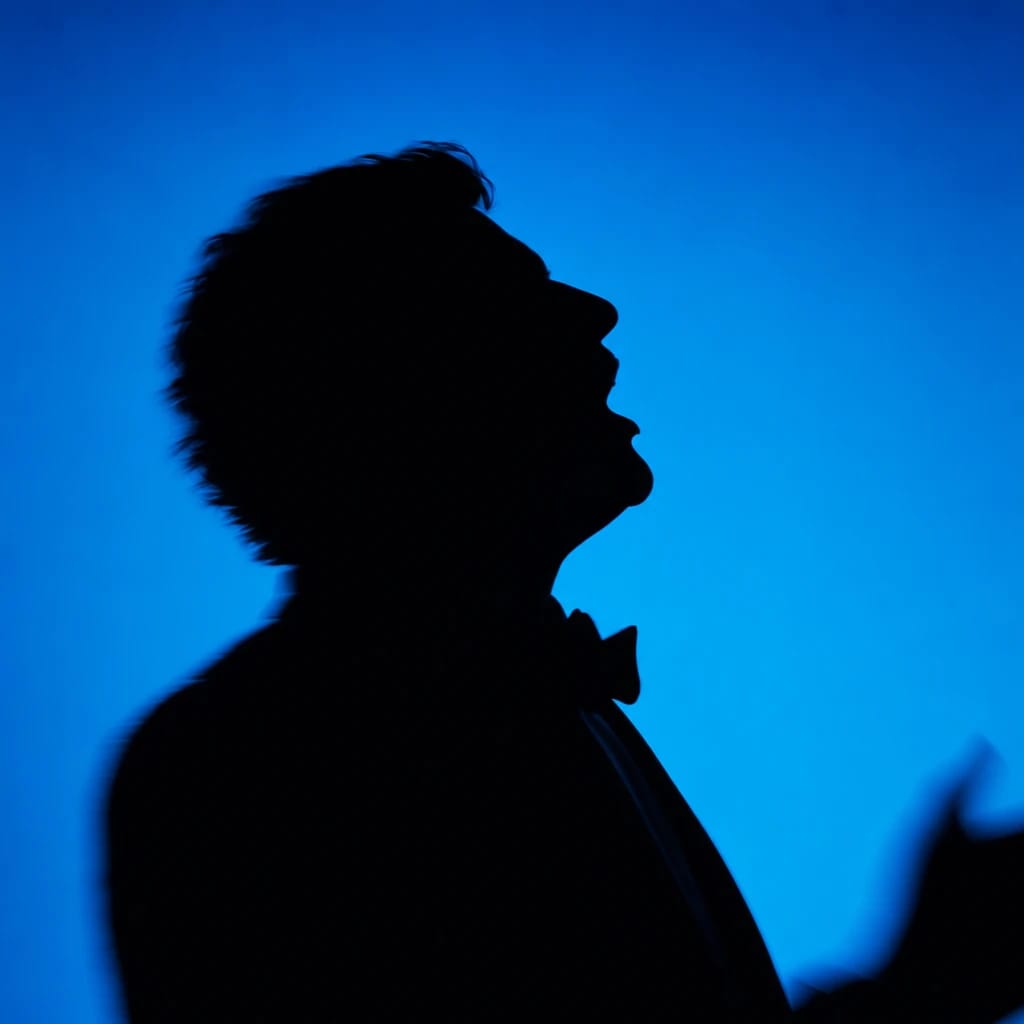 Stylized scene featuring confident classical singer mid-performance, rendered in #004CB6