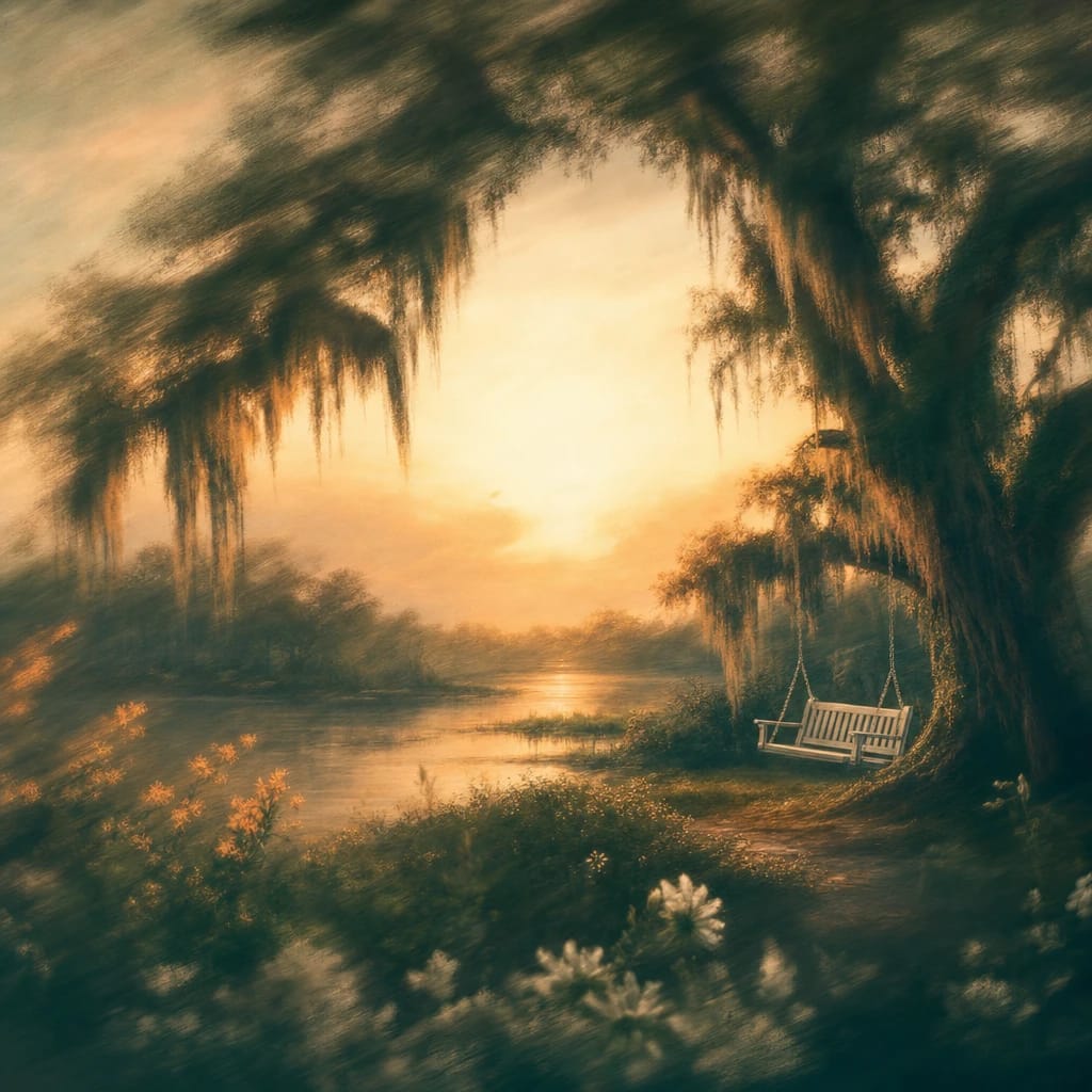 Stylized scene featuring a stately old oak tree draped in Spanish moss at dawn, with a classic white porch swing beneath its branches, rendered in deep forest green, off-white, and warm orange