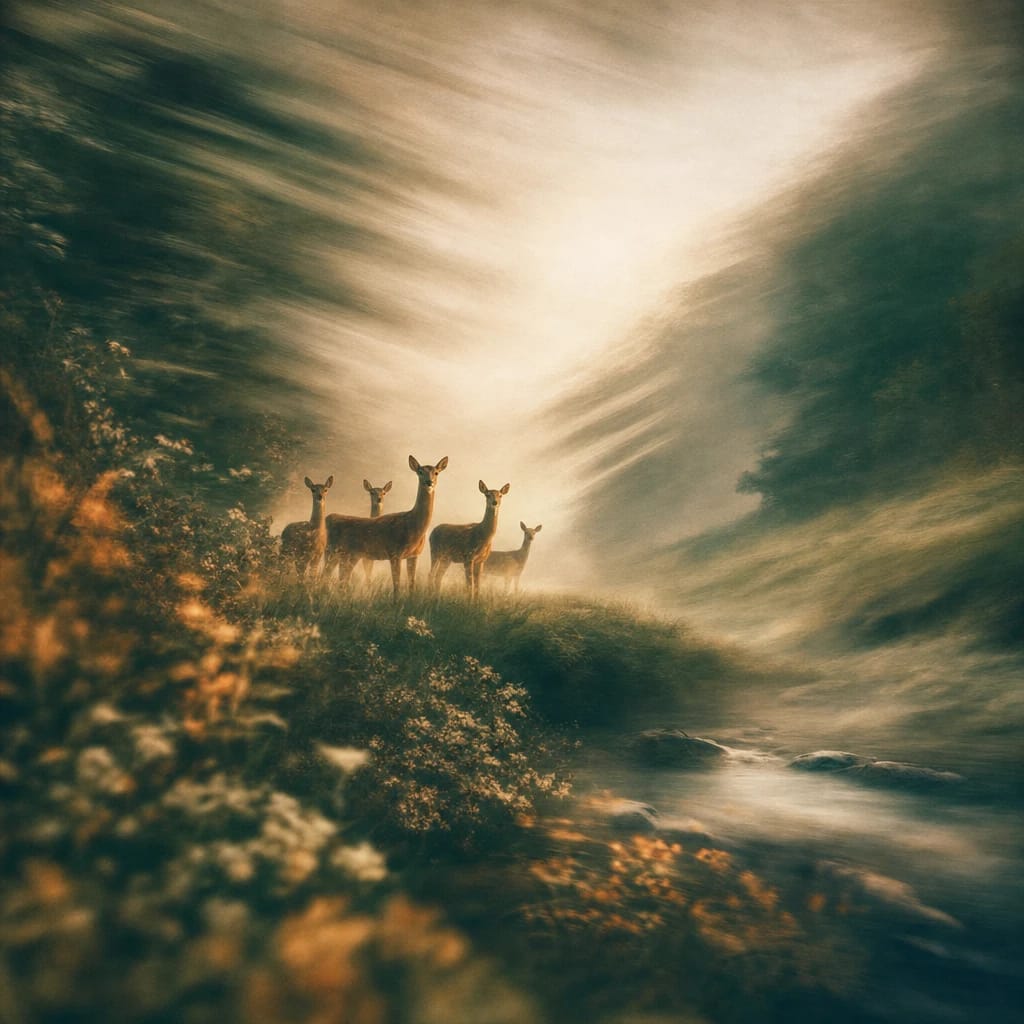 Stylized scene featuring a cluster of alert deer standing at the edge of a misty forest clearing, with tense body language and ears pricked, surrounded by dense foliage, rendered in deep forest green, off-white, and warm orange
