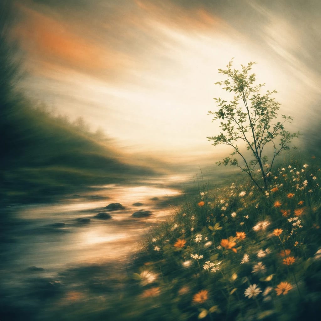 Stylized scene featuring a sapling tree with fresh green leaves growing beside scattered wildflowers in early morning light, rendered in deep forest green, off-white, and warm orange
