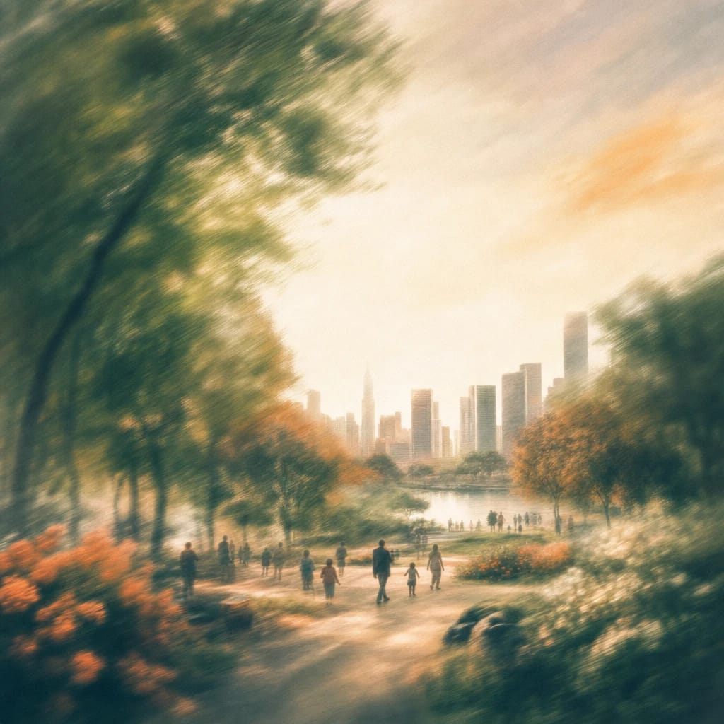 Stylized scene featuring a vibrant city park with diverse people strolling beneath tall leafy trees, set against a skyline of modern buildings, rendered in deep forest green, off-white, and warm orange