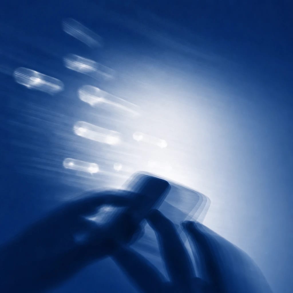 Stylized scene featuring a silhouette of hands holding a smartphone with radiating notification icons, rendered in deep cobalt #173E8F