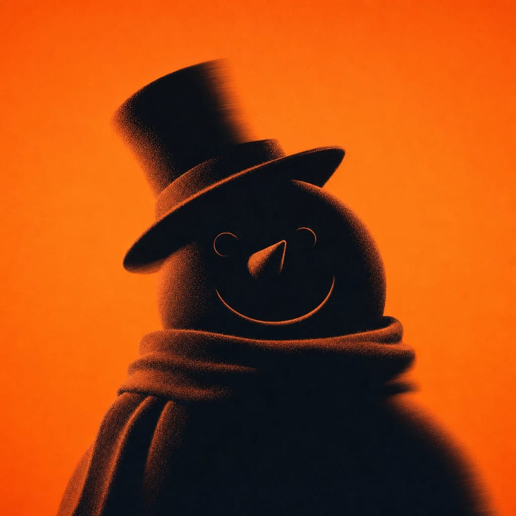 Stylized scene featuring smiling snowman with scarf and hat, rendered in #F76D3F